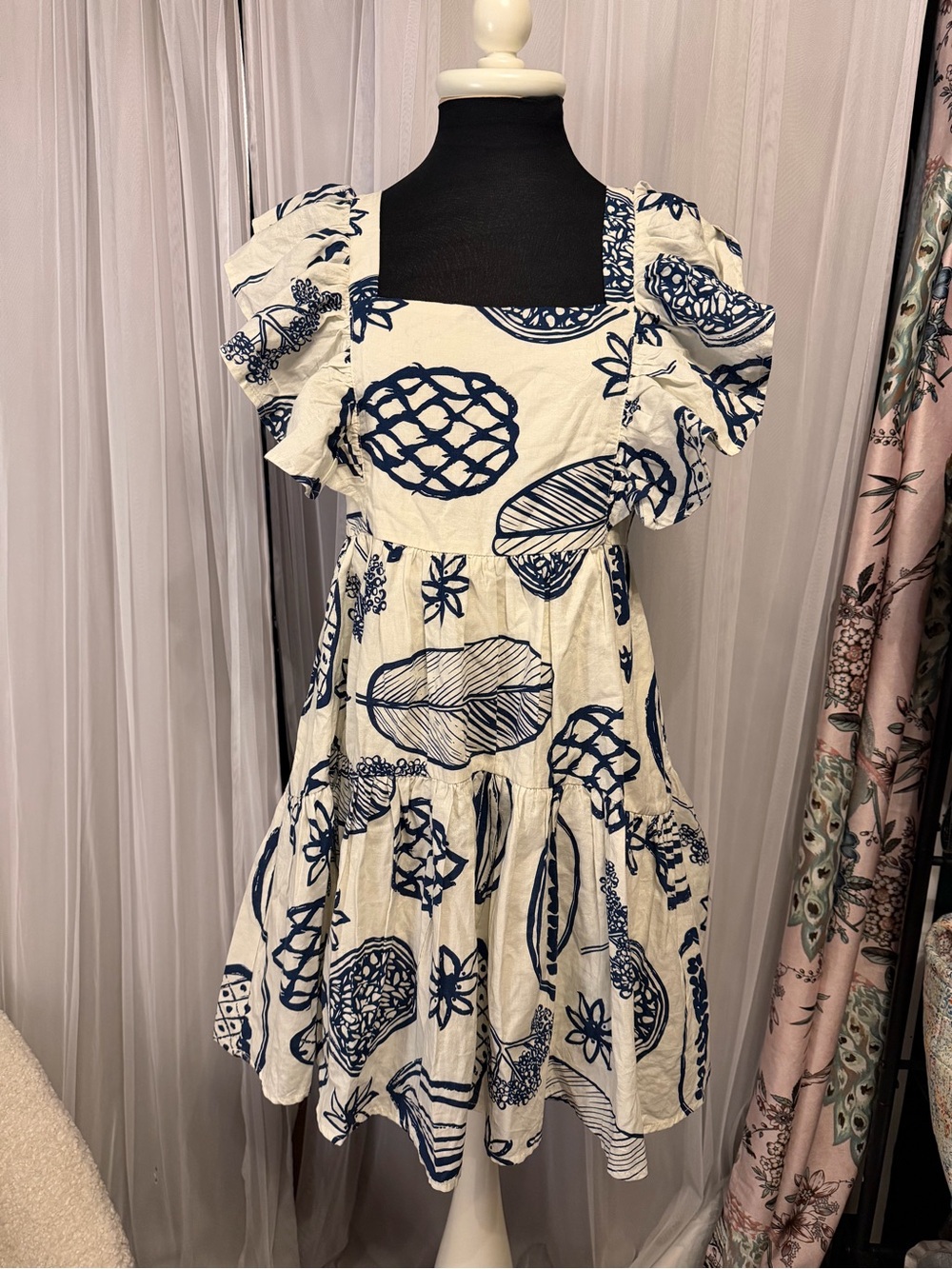 Bungalows Blue & White Tropical Fruit Print Puff Sleeve Mini Dress